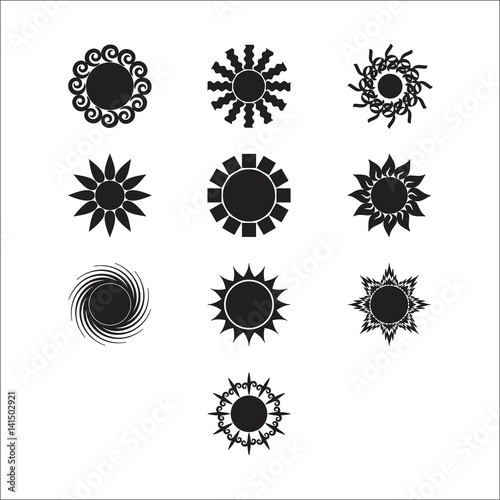 Sun vector burst icon set sol sunshine black color on white background. Isolated flat element sunlight. Illustration weather symbol design for web and app.