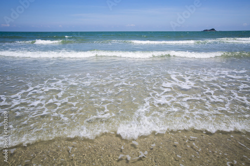 Sea view from tropical beach with sunny sky. Summer paradise beach of Samui island.Exotic summer beach with clouds on horizon. Ocean beach relax, outdoor travel