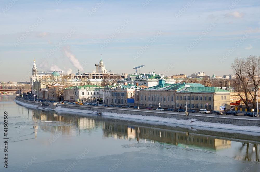 Winter view of Sofiyskaya embankment and the river, Moscow, Russia