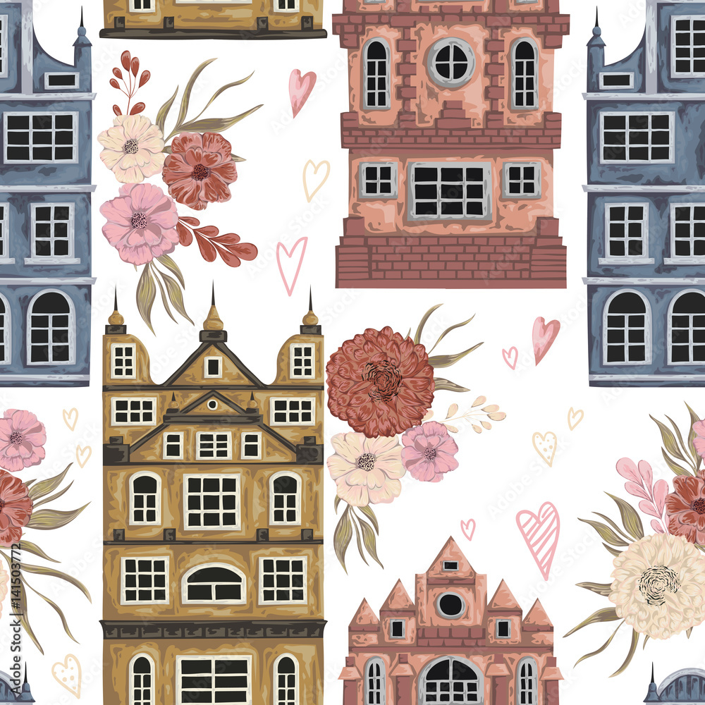 Obraz premium Amsterdam. Wzór z zabytkowych budynków i tradycyjnej architektury Holandii. Stare domy z elementami kwiatowymi. Vintage ręcznie rysowane ilustracji wektorowych w stylu przypominającym akwarele.