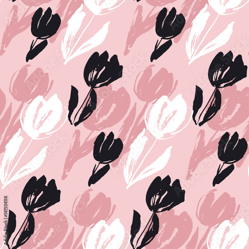 Hand drawn tulip flower seamless pattern. Modern hipster style for Invitation...