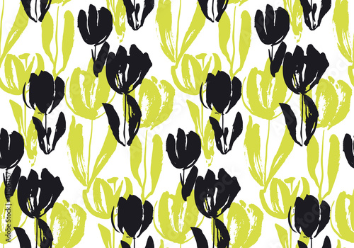 Hand drawn tulip flower seamless pattern. Modern hipster style for Invitation, contemporary design. Hand drawn floral elements for Placards, Flyer.
