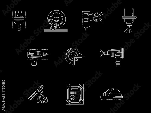 Metal processing flat white line vector icons set