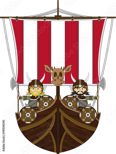 Cute Cartoon Vikings on Viking Ship