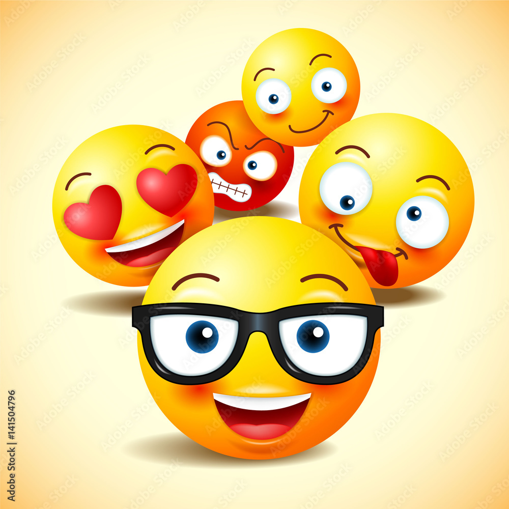 Smiley face icons or yellow emoticons with emotional funny faces in  realistic . emoji illustration Stock Illustration | Adobe Stock