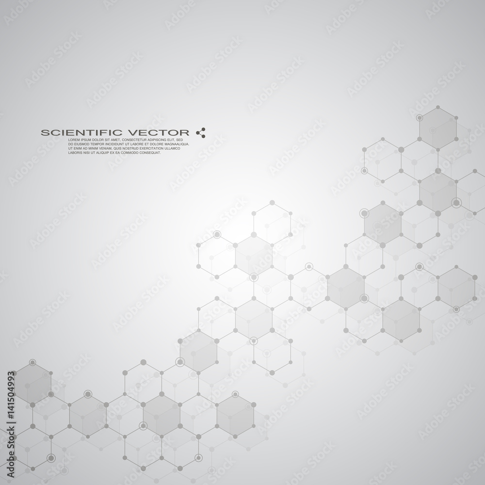 Obraz premium Hexagonal molecule DNA. Molecular structure of neurons system. Genetic and chemical compounds. Chemistry, medicine, science and technology concept. Geometric abstract background. Vector illustration