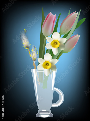 pussy willow and flowers in glass on dark background