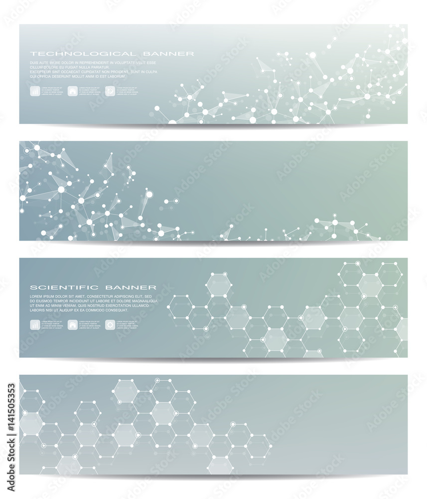 Set of modern scientific banners. Molecular structure of DNA and neurons. Geometric abstract background. Medicine, science, technology, business and website templates. Vector illustration
