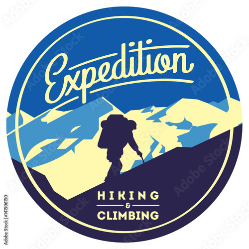 Extreme outdoor adventure badge. High mountains illustration.