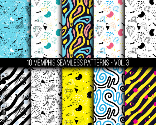 10 universal different geometric memphis seamless patterns