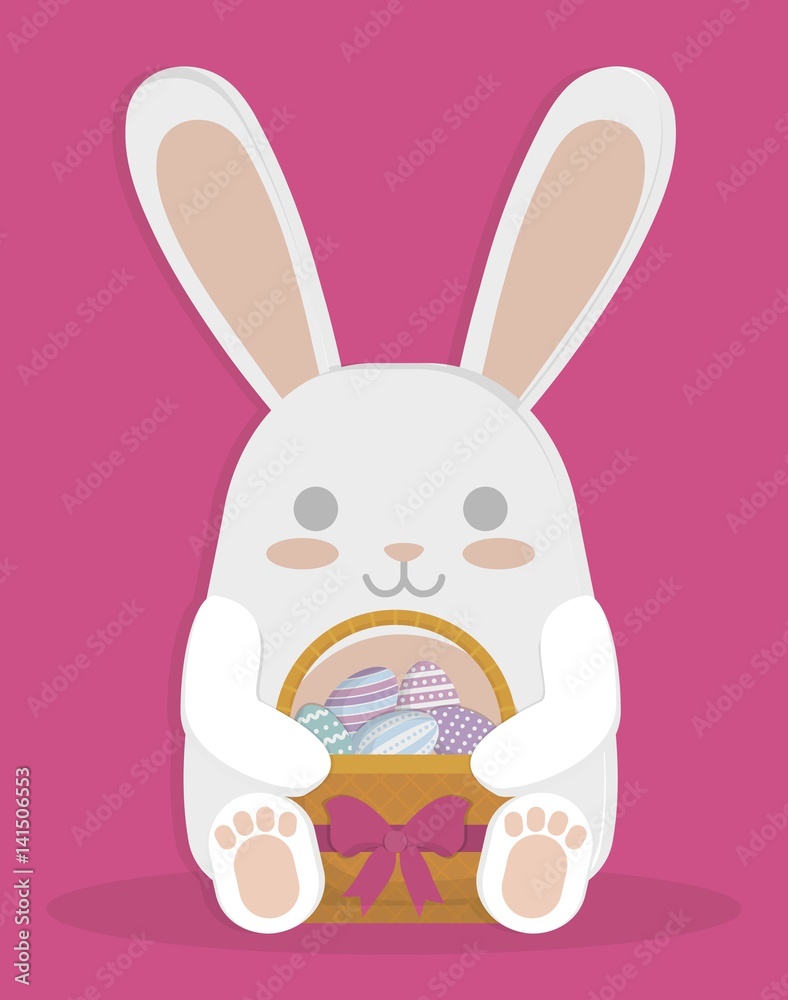 Obraz premium bunny with basket with easter eggs. happy easter concept. colorful design. vector illustration