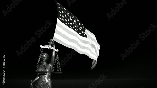theism with scale, symbol of justice with USA flag background composition