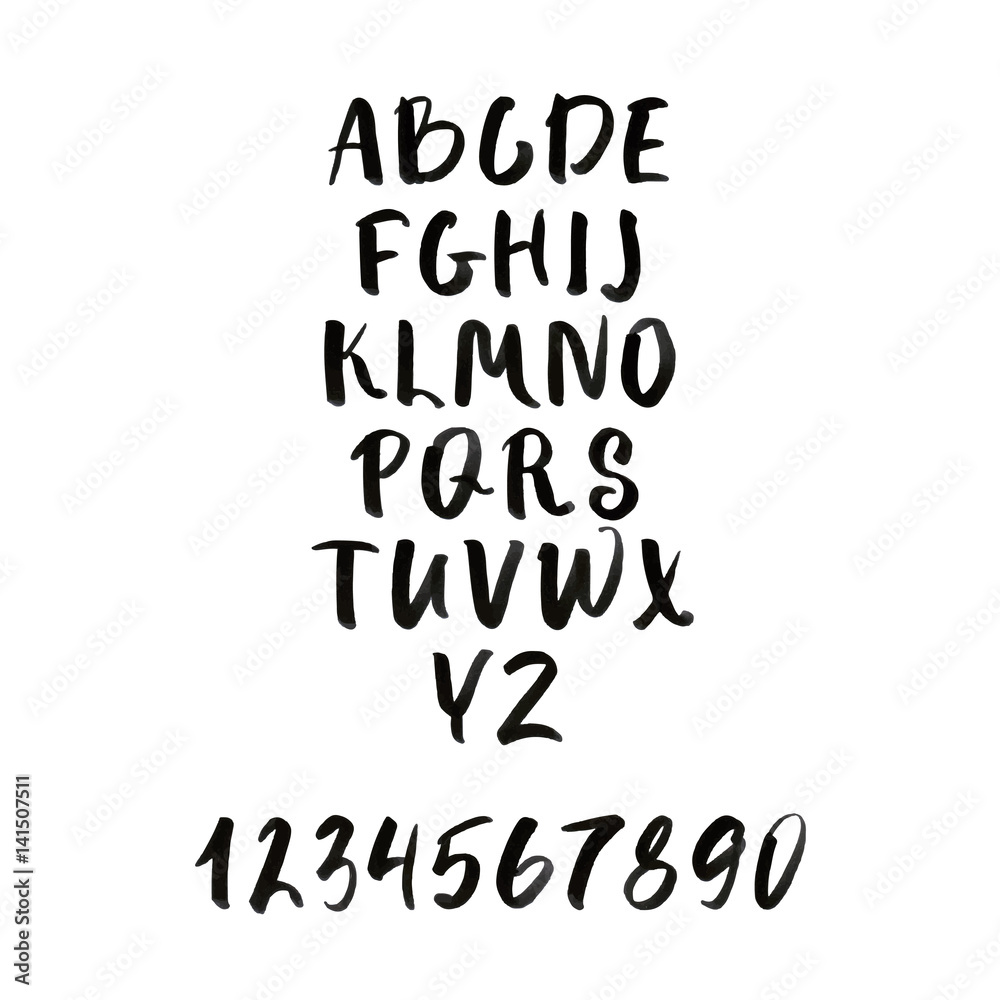 Calligraphic font. Handwritten alphabet in brush style with figures. Vector illustration. Calligraphic font. Handwritten alphabet in brush style with figures. Vector illustration.