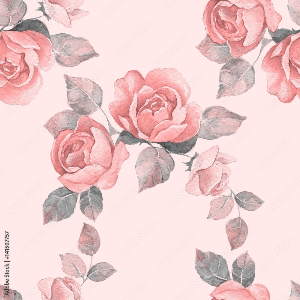 Hand drawn watercolor floral seamless pattern. Vintage roses 4