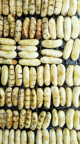 Grilled banana background.local food in Thailand. Grill the bananas on the stove.