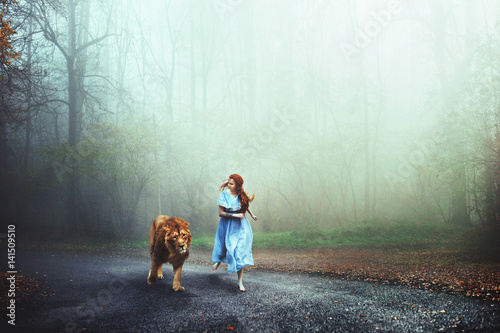 Composite image of lion and woman running on a street in forest