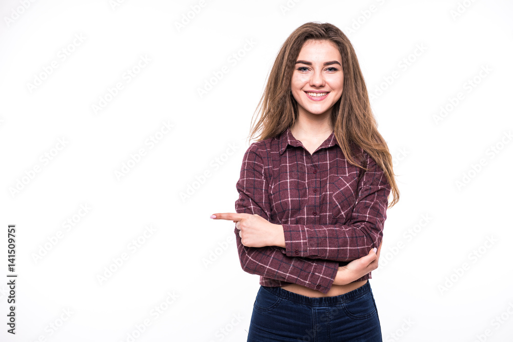 Closeup side view profile portrait of woman pointing on white Closeup side view profile portrait of woman pointing on white