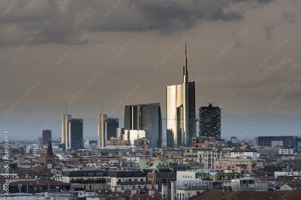 Milan Panorama skyline taken from the roof of the cathedral (Duomo di Milano), with modern skyscrapers in Porta Nuova business district