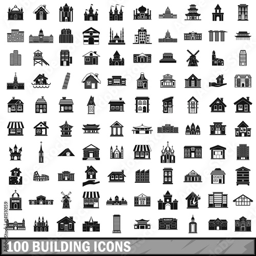 100 building icons set, simple style 