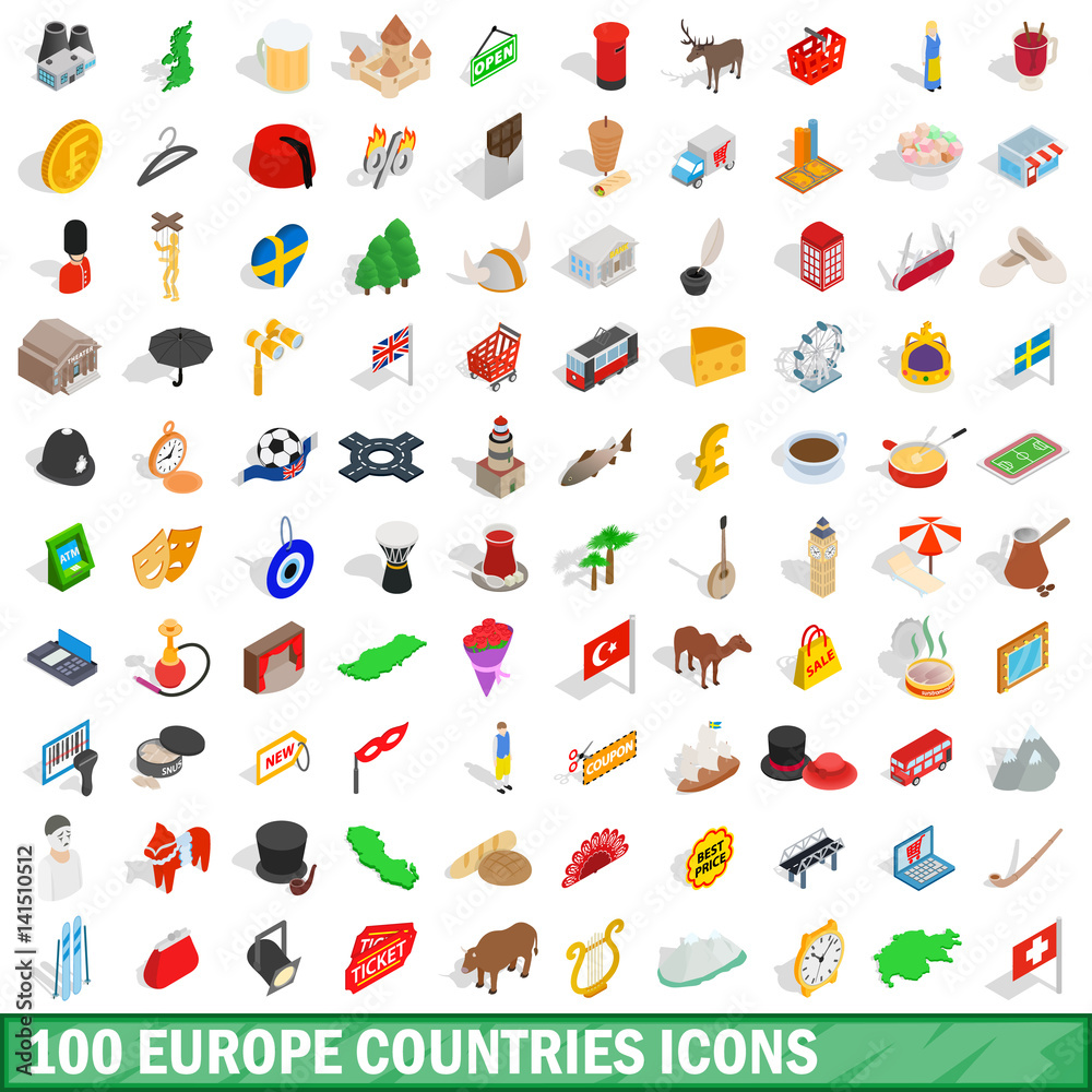 100 europe countries icons set, isometric 3d style
