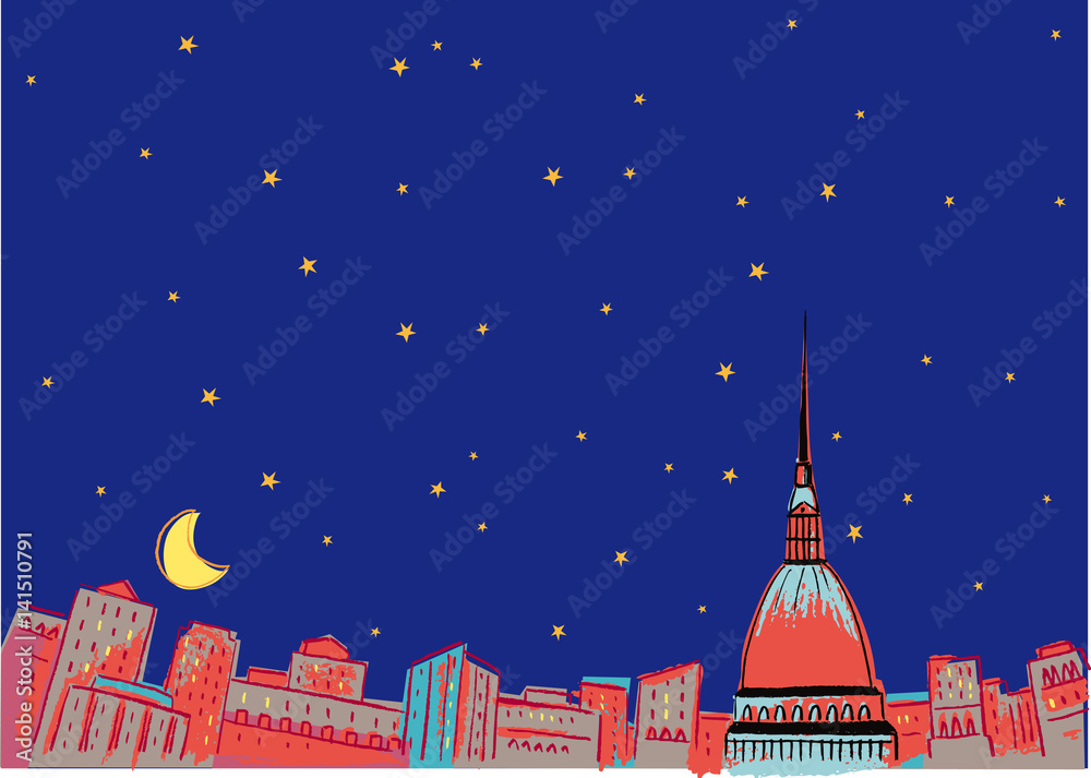 Turin sleeps deeply immersed in the starry night in the moonlight.