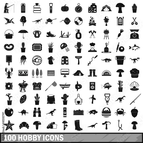 100 hobby icons set, simple style 