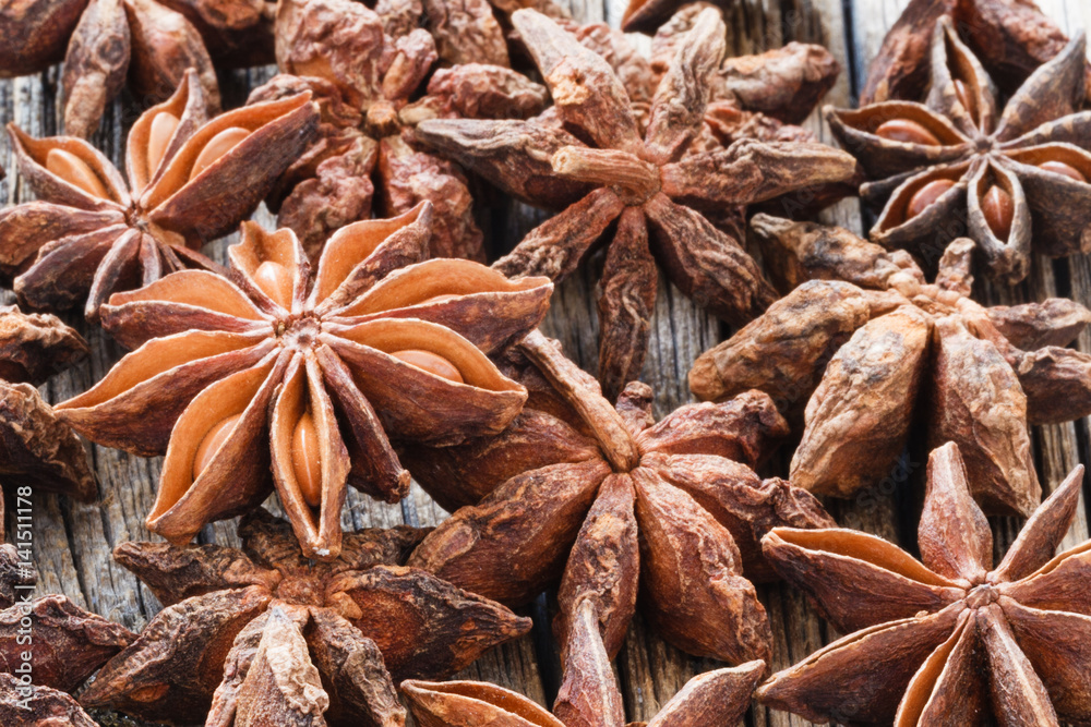 The pattern of badyan seeds on the wood The pattern of badyan seeds on the wood