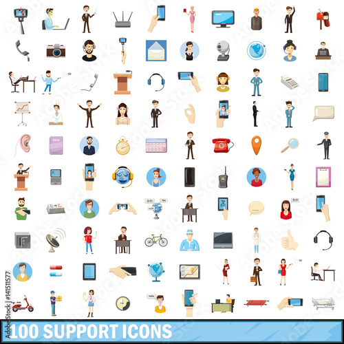 100 support icons set, cartoon style