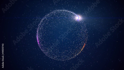 Abstract background with circular shape formed of small particles. Light ray effect.