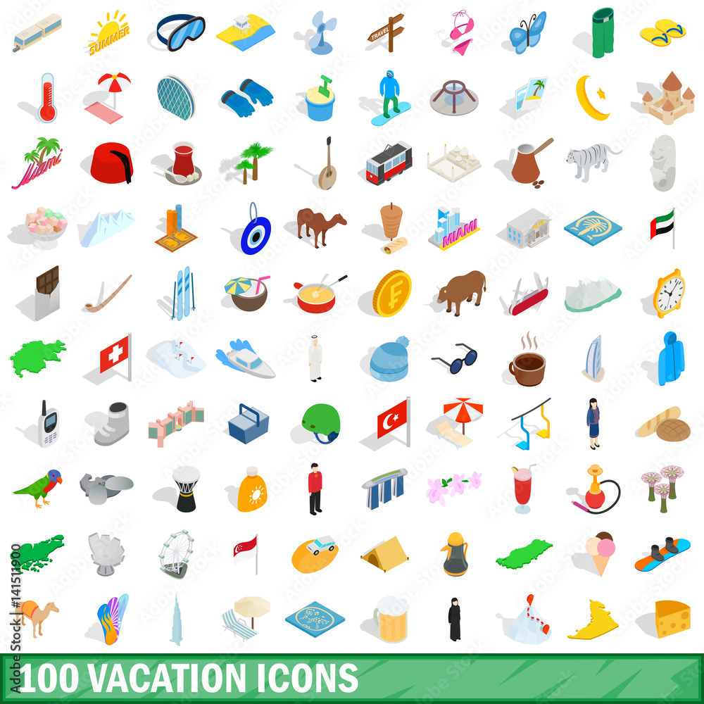 100 vacation icons set, isometric 3d style
