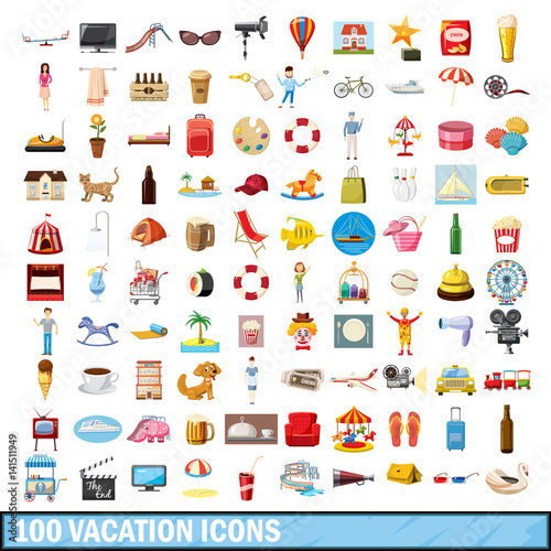 100 vacation icons set  cartoon style