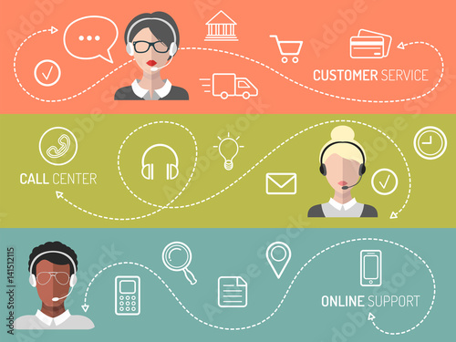Vector set of call center, customer service, online support banners in trendy flat style.