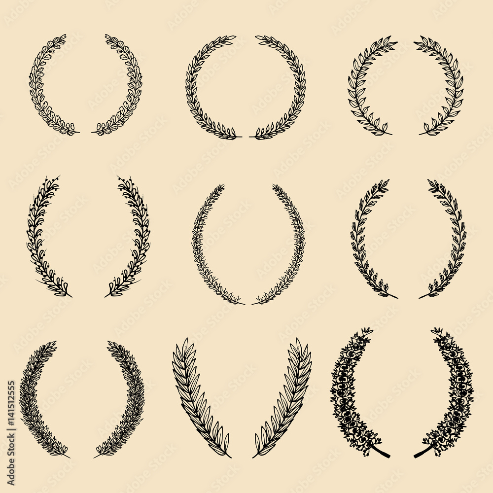 Vector set of hand drawn different floral laurels and wreaths. Vector set of hand drawn different floral laurels and wreaths.