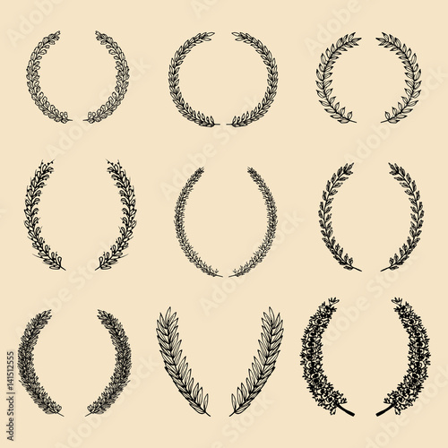 Vector set of hand drawn different floral laurels and wreaths.