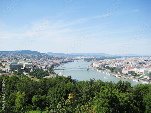 Beautiful view of Buda and Pest, eastern and western parts Budapest city, Hungary from up top Panorama with Danube river, the biggest river in Europe on sunny summer day with clear blue sky background