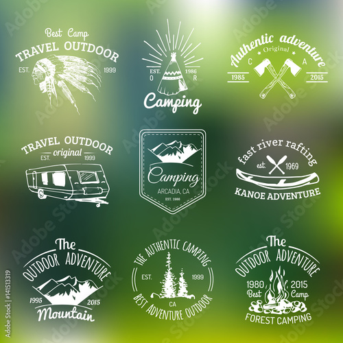 Vector set of camping logos. Tourism emblems or badges. Signs collection of outdoor adventures with Indian elements.