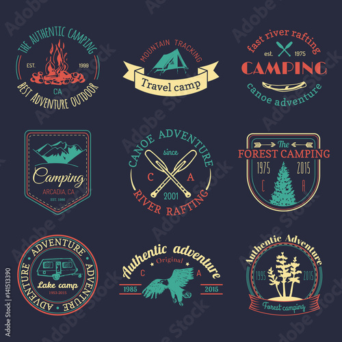 Vector set of camping logos. Tourism emblems or badges. Signs collection of outdoor adventures with Indian elements.