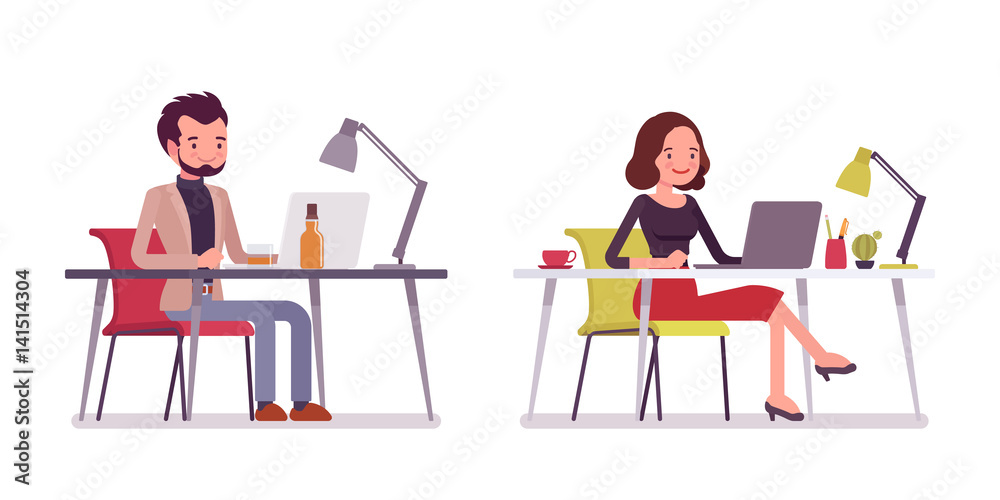 Lady and gentleman in sitting pose, working at the laptop