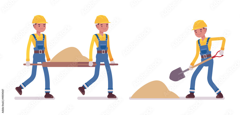Set of male worker working with sand