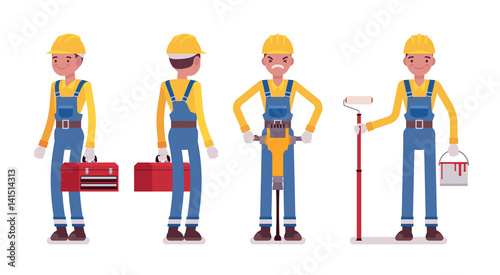 Set of male worker with tools, rear and front view