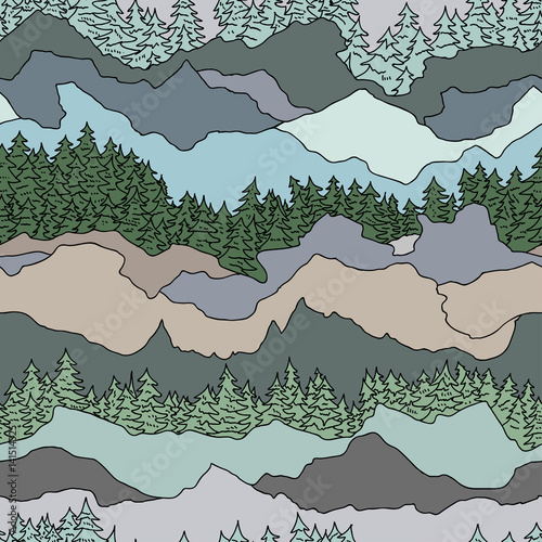 seamless pattern with trees and mountains
