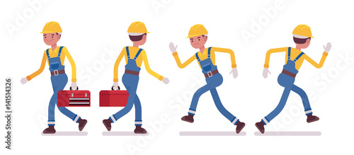 Set of male worker walking and running  rear and front view