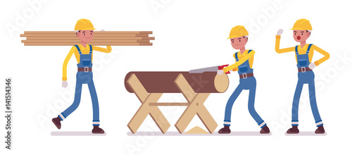 Set of male worker working with timber and wood cut