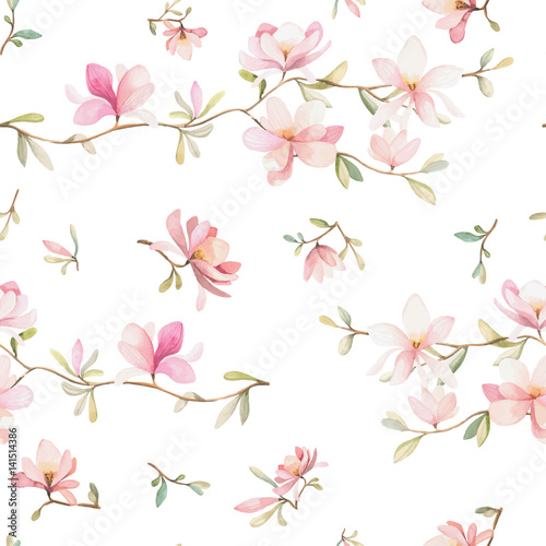 Seamless floral pattern with magnolias on a white background, watercolor. Vector illustration.