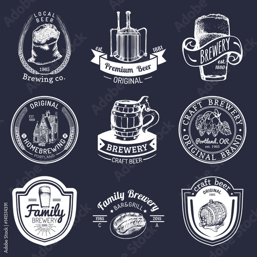 Old brewery logos set. Kraft beer retro signs with hand sketched glass, barrel etc. Vector homebrewing labels or badges.