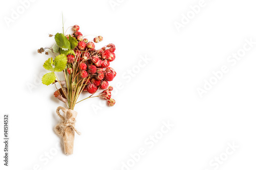 Strawberries. bouquet of berries and leaves of wild strawberry isolated on white background.