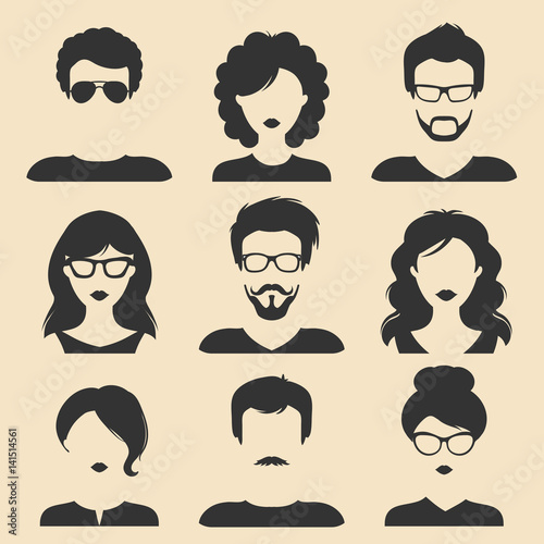 Vector set of different male and female icons in trendy flat style. People heads and faces images collection.