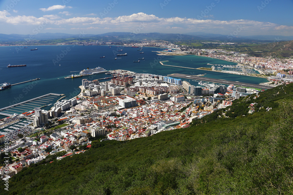 Gibraltar from bird-eye`s view with Spain in the background