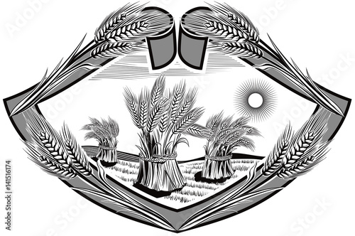 diamond frame with ears of corn, and rural landscape.