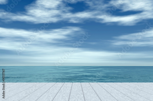 White wooden floor with sea and sky background, calm atmosphere. Digital generating image. © ler2sup